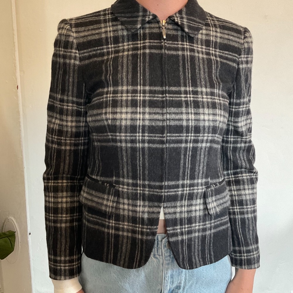 Jones New York Plaid 100 % Wool‎ Zippered Collared Jacket Sz 6 Smart Workwear